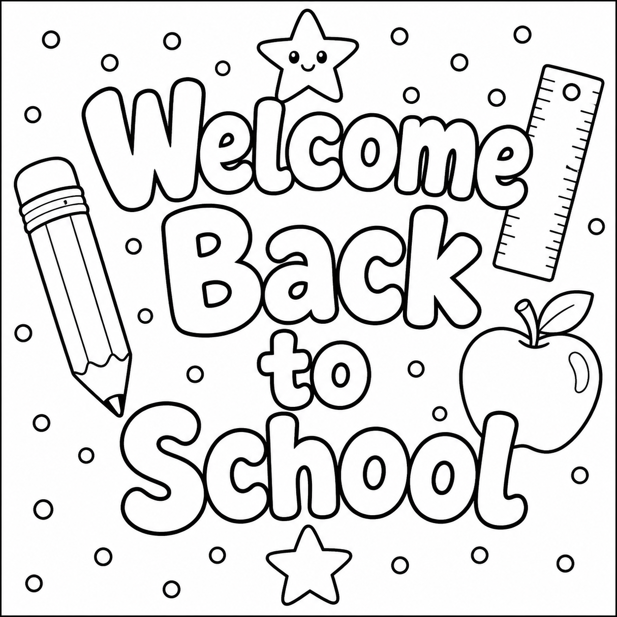 Welcome Back to School Sign coloring page with bold bubble letters, pencils, stars, and apple illustrations